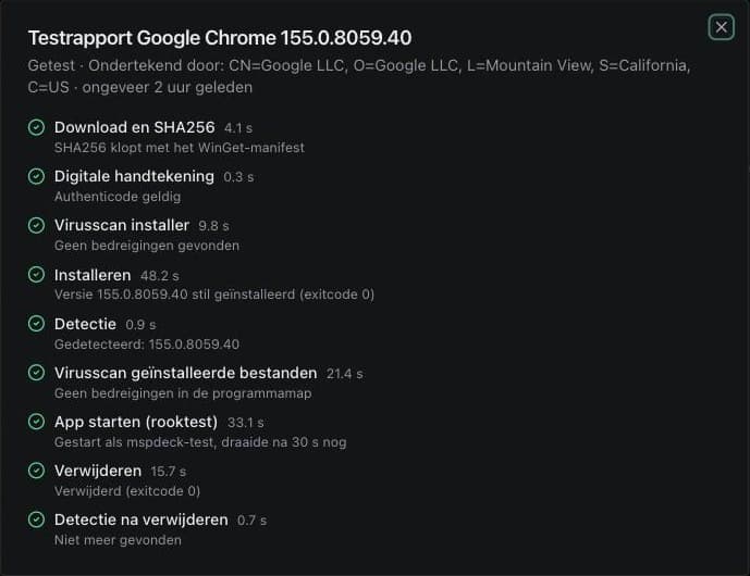 Testrapport Windows: Google Chrome via WinGet