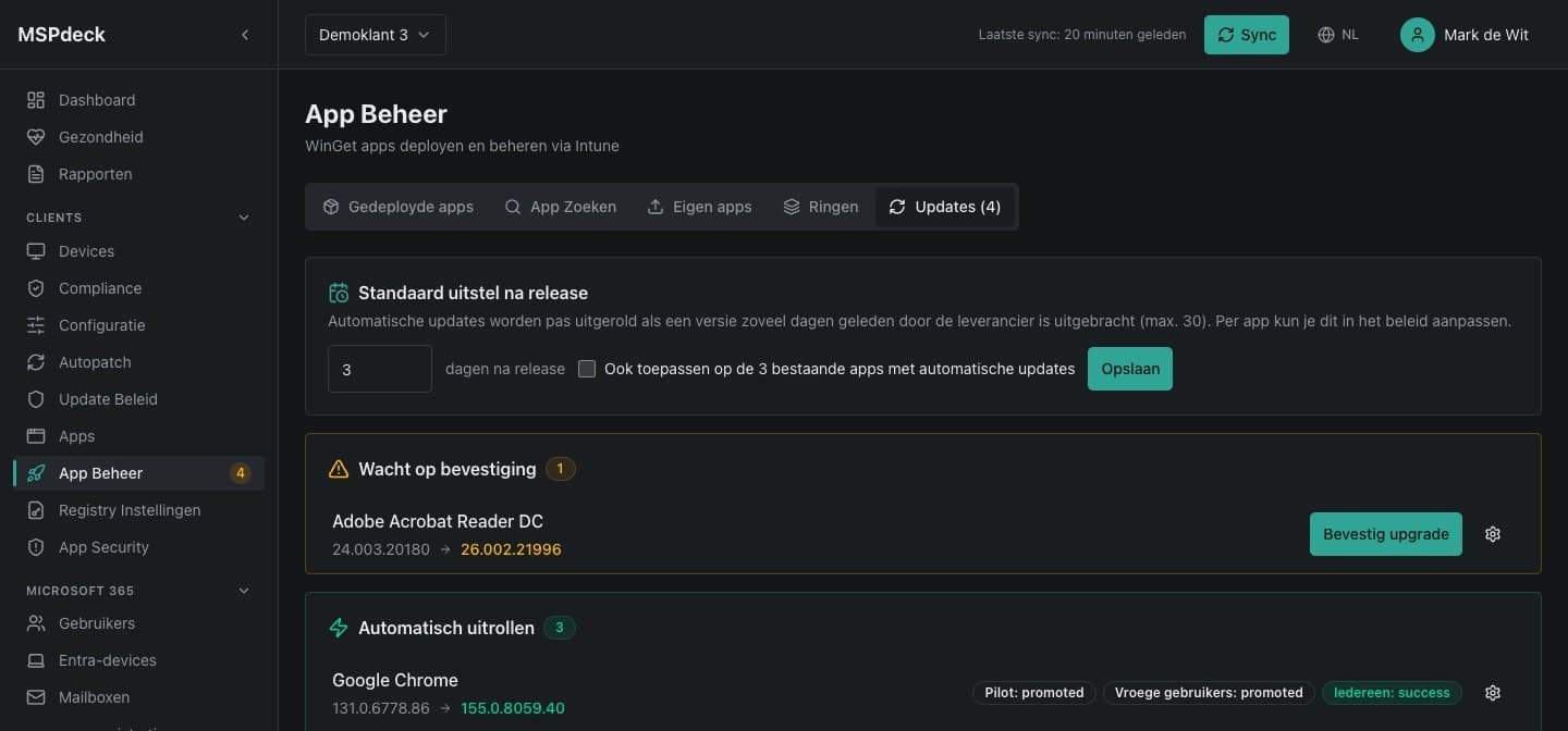 Updatecentrum met uitstel na release, bevestiging en uitrol per ring